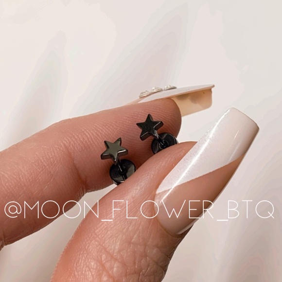 Tiny Black Star Flat Back Stud Earrings - Picture 2 of 8